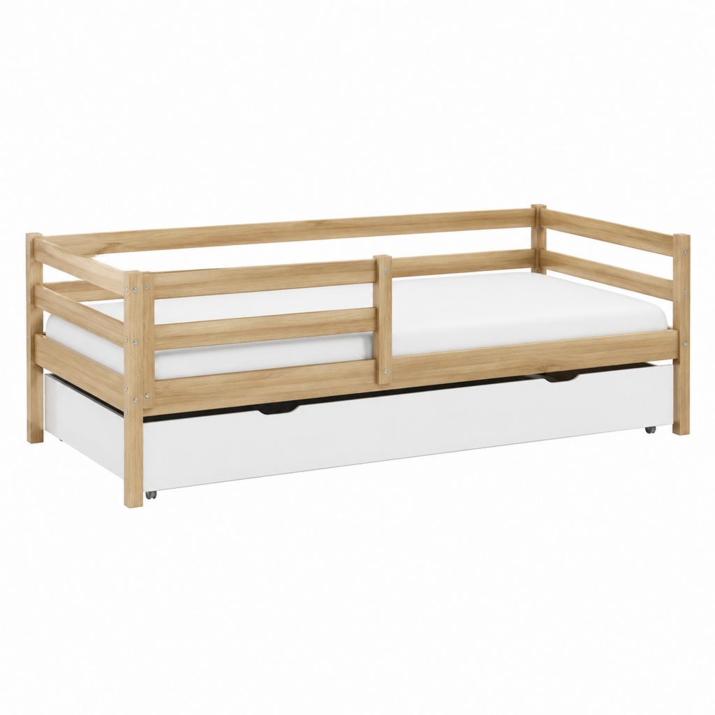 Kinderbett mit Rausfallschutz und Rollauszug Naturweiß aus massiver Kiefer und MDF rechteckig 90 x 200 cm