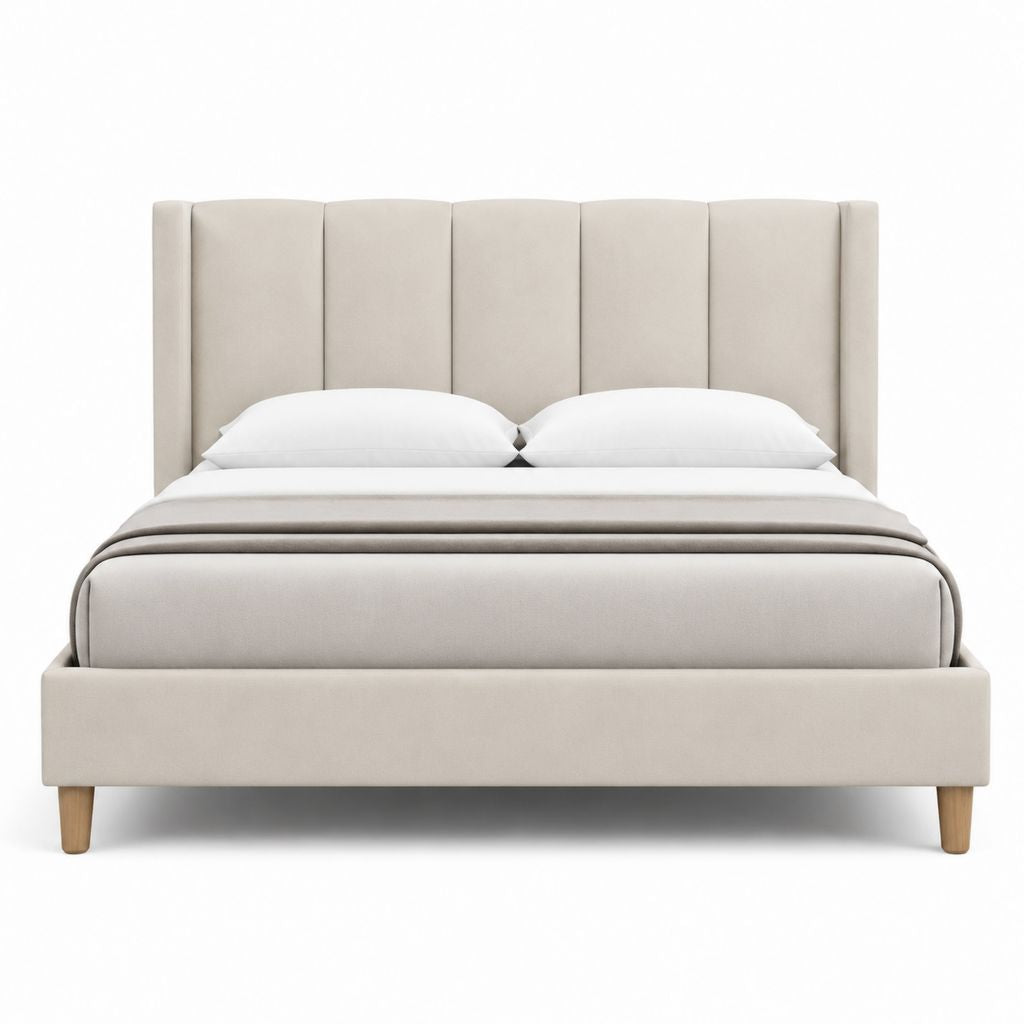 Polsterbett Doppelbett Beige mit Polyesterbezug und Holzfüßen 180 x 200 cm