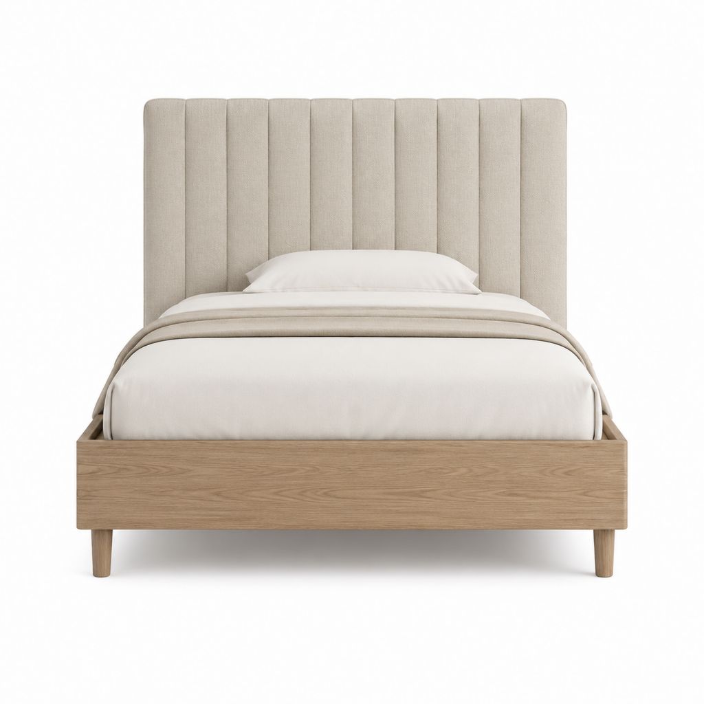 Polsterbettgestell rechteckig 160 x 200 cm Beige Polyester mit Eichenfurnier
