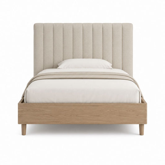 Polsterbettgestell rechteckig 160 x 200 cm Beige Polyester mit Eichenfurnier