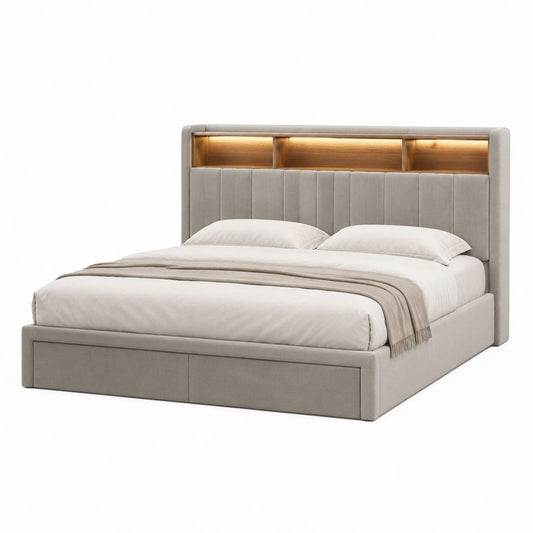 Polsterbett 180 x 200 cm Greige mit Polyesterbezug und LED-Beleuchtung