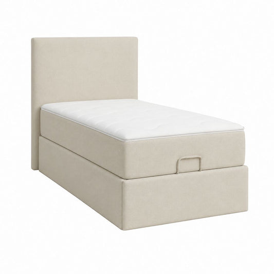 Boxspringbett Beige mit Polyesterbezug und gepolstertem Kopfteil 90 x 200 cm