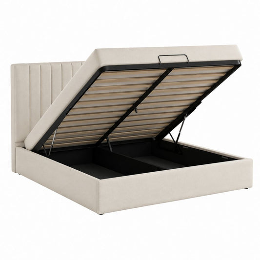 Stauraumbett 160 x 200 cm Polsterbett Beige Polyester Rechteckig mit Lattenrost und Gasdruckfedern 215 x 165 x 110 cm